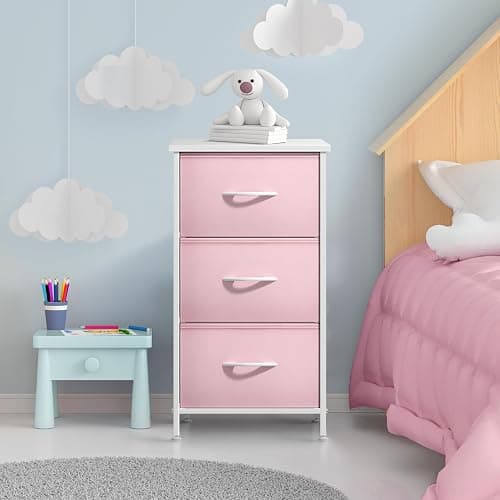 Sorbus Nightstand with 3 Drawers - Bedside Furniture & Accent End Table Chest for Home, Bedroom Accessories, Office, College Dorm, Steel Frame, Wood Top, Pastel Fabric Bins (Pink) thumbnail 2