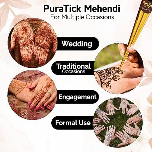 PuraTick 4 Pcs Henna Mehndi Cones Dark Brown Mehndi | All Natural Body Art Organic Herbal Temporary Tattoo | Ready to Use Henna | Pack of 4 thumbnail 2