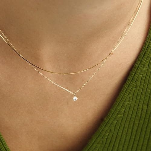 ROAMORE 2 PCS Layered Necklaces For Women 14K Gold Plated Stackable Chain Choker Dainty Silver Layering Necklace Cubic Zirconia Pendant Set Simple Jewelry thumbnail 3