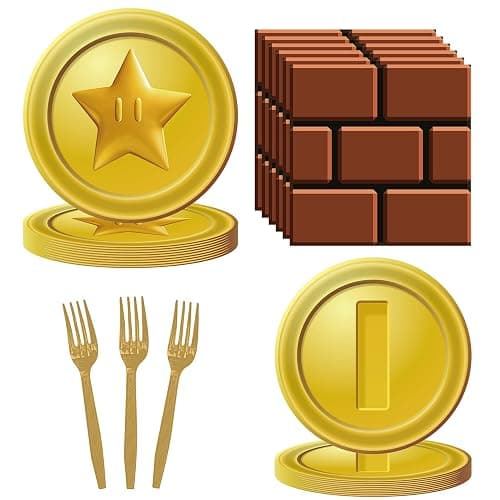 80PCS Mario Bros Birthday Supplies Kit for 20 Guests - Gold Mario Bros Theme Party Tableware Pack Includes Plates, Napkins, Plastic Forks - Image 1