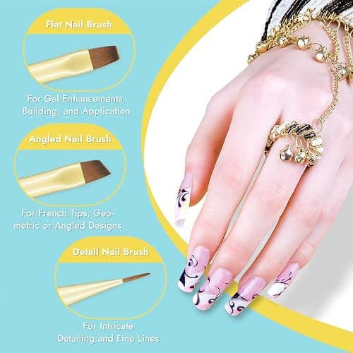 Finea Nail Art Brushes and Dotting Tools 6pcs Set for Gel Polish Gold Blue | Flat, Round, Thin Liner, French Tip, Small Detail Painting, 3D Acrylic Flower Brushes for Builder Gel Polygel Paint Design thumbnail 4