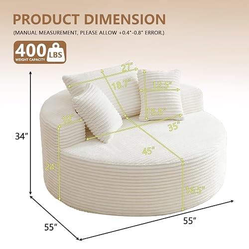 Oversized Round Chair Lounge Chaise Indoor, Upholstered Corduroy Deep Seat Cloud Large Circle Sofa Chair, No Assembly Required, Fluffy Modern Sleeper Sofa Bed for Reading, Living Room, Bedroom, White thumbnail 2