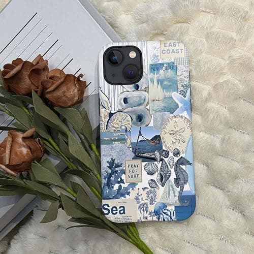 Generic Compatible with for iPhone 15,Vintage Seashell Ocean Blue Collage Phone Case for Girl Women Boy Men,Scratch Resistant Shockproof Cover Case for iPhone 15 - Vintage Seashell Ocean Blue Collage - iPhone 15 thumbnail 4