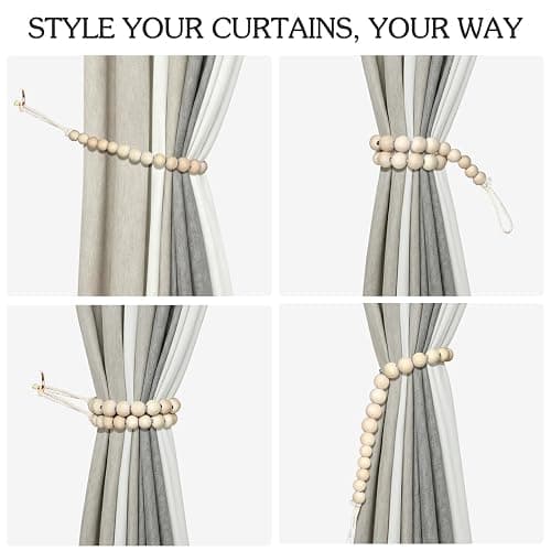 Hion 4 Pcs Boho Curtain Tiebacks,Wood Beads Curtain Holdbacks,Outdoor Farmhouse Tie Backs for Curtains,Curtain Holders for Drapes Home Office Room Decor with Hooks No Drilling(Wood Color) thumbnail 4