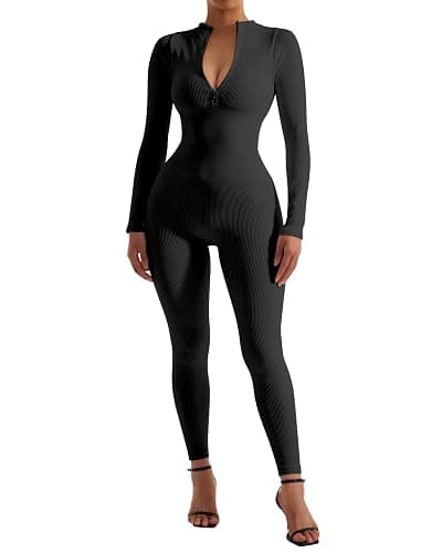 SUUKSESS Women Long Sleeve Ribbed Jumpsuit Zip up Front Workout Bodycon Romper thumbnail 5