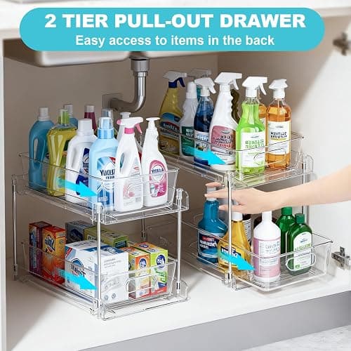 FAMOVELL 2 Tier Under Sink Organizer Bathroom Organizers and Storage, Clear Stackable Bathroom Cabinet Organizer, Multipurpose Pull-Out Home Organizer for Kitchen and Pantry Storage 2 Pack thumbnail 4
