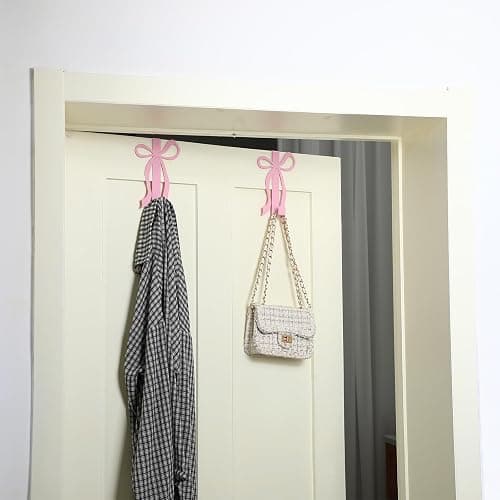 Chunful 2 Pack Pink Bow Over The Door Hook, Metal Strong Door Hanger Hook Coquette Room Decor Bow Accessories for Cabinet Living Room Bathroom Bedroom Kitchen Hanging Clothes Towels Hats Coats Bags thumbnail 7