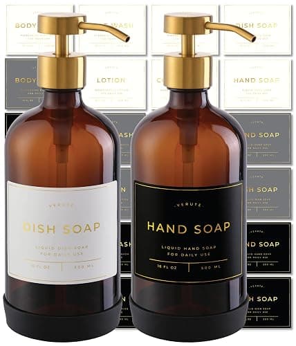 Hand and Dish Soap Dispenser for Kitchen and Bathroom, Set of 2 16 Oz Glass Bottles, Stainless Steel Pumps, Non-Slip Silicone Base, 27 Waterproof Labels (Amber Bottle/Brushed Gold Pump) - Image 1