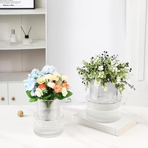 YANWE1 Ribbed Glass Vases for Bouquet, Set of 2 Fluted Vases for Flowers, Clear Vase for Tulips, Modern Glass Vase for Living Room, Office, Coffe Table, Dining Table, Shelf, Wedding thumbnail 2