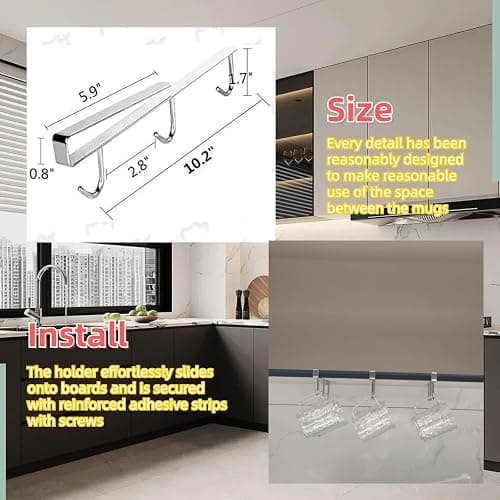 Mug Hooks Under Cabinet , 304 Stainless Steel Cup Hooks for Hanging Under Shelf, Mug Organizer Rack with 6 Hooks for Displaying Mugs, Coffee Cups and Kitchen Utensils,Fit for 0.8" or Less thickness thumbnail 5