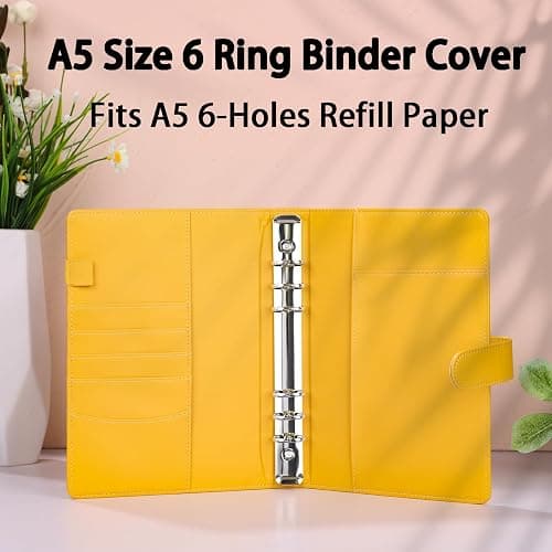 Antner A5 Binder 6 Ring Refillable Notebook Planner Cover, PU Leather Aesthetic Small Binder Loose Leaf Photocard Holder Budget Planner for Cash Organizer with Magnetic Buckle, Lemon Yellow thumbnail 4