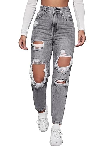 Floerns Women's High Waist Boyfriend Straight Leg Ripped Jeans Distressed Denim Pants Grey - Image 1