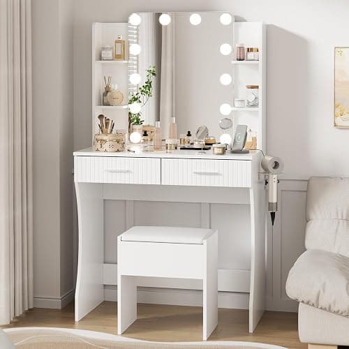 Otterease Vanity Desk with LED Lighted Mirror, Makeup Vanity with 3 Adjustable Lights, 2 Large Drawers and 4 Open Shelves, White Vanity with Storage Stool for Bedroom - Image 1