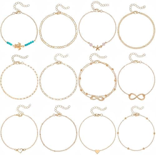 Starain 12Pcs Summer Beach Anklets for Women Waterproof Gold Silver Chain Ankle Bracelets Cute Women's Foot Anklet Set 7.9-10.5 inch Adjustable thumbnail 7