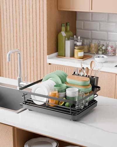 Kitsure Dish Drying Rack for Kitchen Counter, Stainless Steel Sink Organization and Storage Essentials with Cutlery Holder, Home and Appartment Decor, 12''W x 15.5''L, Black thumbnail 3