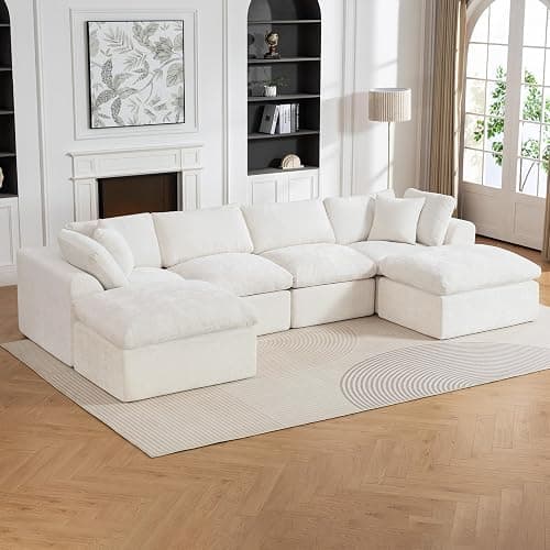 140" U-Shaped Cloud Couch, Soft Modular Sectional Sofa, Oversized 6 Seat Boneless Chenille Couch with Movable Ottoman, Pet-Friendly Upholstery Couches for Living Room, Beige | No Assembly Required - Image 1