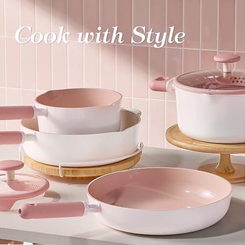 CAROTE Ceramic Cookware Set Nonstick, 15pcs Pots and Pans Set Non stick, Non Toxic Cookware,Dishwasher,RV/Camping Cookware Set, Pan and Pot with Kitchen Utensils, Pink thumbnail 2