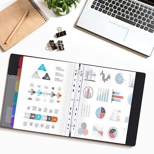 Uquelic Presentation Ring Binder, A4 Display Folder with 50 Punched Pockets and 6 Colorful PP Divider Pages, Folder File Plastic Sleeves for Documents, Certificates, Receipts, Black thumbnail 2