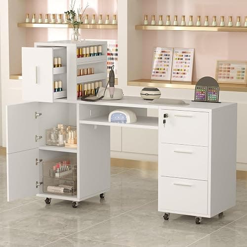 WLLPNG Mobile Manicure Table Nail Salon Desk with Storage Cabinet, 55.1" Rolling Nail Tech Workstation with Drawers & Nail Polish Rack for Beauty Salon Station Home Nail Tech - Image 1