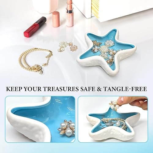 Starfish Jewelry Dish Ceramic Trinket Tray - Ocean Themed Ring Holder for Earrings, Necklaces, Beach & Bathroom Organizer with Glossy Glaze, Coastal Room Decor Gift for Women thumbnail 4