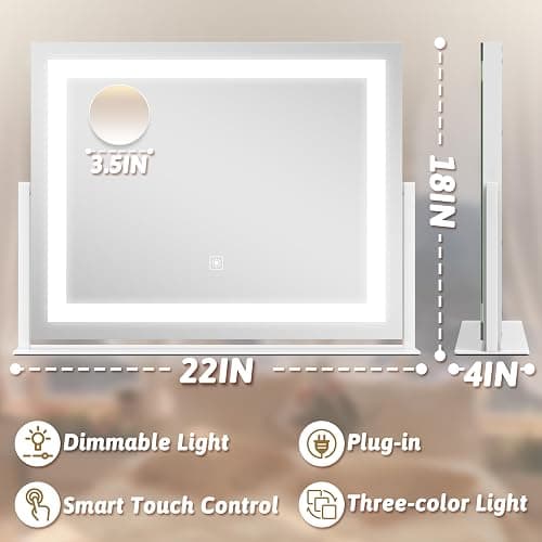 Vanity Mirror with Lights 22"x18", Lighted Makeup Mirror with 10X Magnification, Smart Touch 3 Colors Dimmable, 360° Rotation, Women Gift, Dresser Mount, Bathroom (White) thumbnail 2