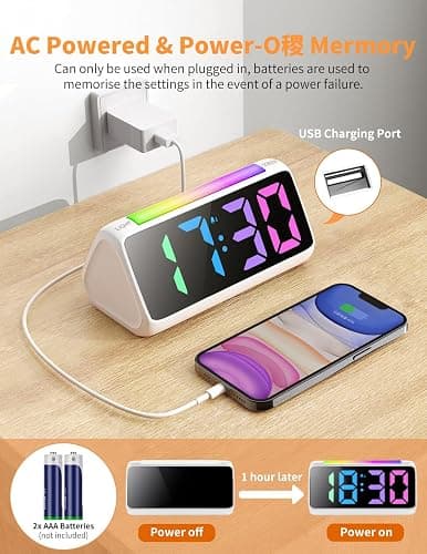 Netzu Digital Alarm Clocks for Bedrooms, Bedside Clocks with RGB Night Glow, Rainbow Time, Large Display, Dual Alarm, Snooze, LED Desk Dimmable Alarm Clock for Kids Teens (White) thumbnail 6