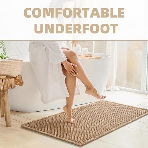 Upgraded Waffle Bath Mat Non Slip Super Absorbent Quick Dry Bath Mats for Bathroom Floor Machine Washable Bathroom Mat Ultra Soft Boho Bathroom Rugs with Tassels Beside Tub, 17" x 24", Brown thumbnail 5
