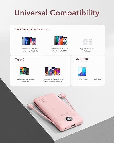 VEGER Portable Charger with Built-in AC Plug and Cables, All in One 10000mAh Ultra Slim Power Bank Travel Essentials, Fast Charging Battery Pack Compatible with iPhone, Samsung, Android (Crepe) thumbnail 6