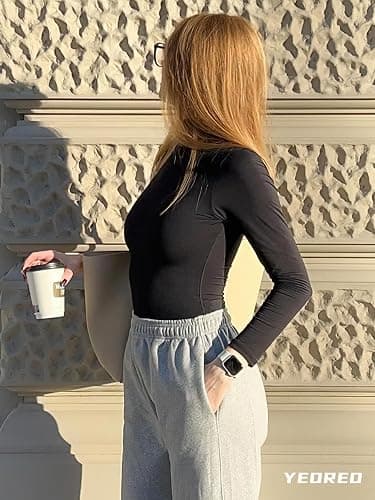 YEOREO Long Sleeve Workout Crop Mock Thermal Turtle Neck Double Lined Base Tops Shirts Women Sariah Y2k Undershirt thumbnail 4