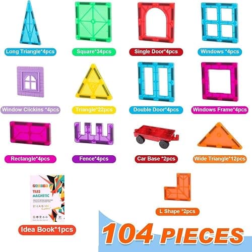 OugerToy 104PCS Magnetic Tiles STEM Building Blocks for Kids Ages 3-9 | Educational Stacking Toys with Car Bases, Creative Construction Gift for Boys Girls OugerToy thumbnail 2