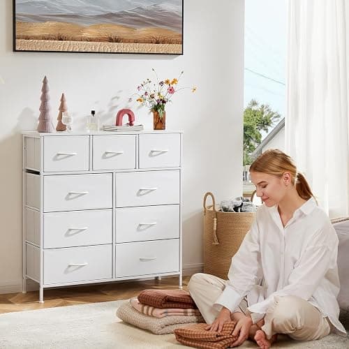 DUMOS Dresser for Bedroom, Storage Organizer with 9 Drawers, Chest of Drawers with Fabric Bins, Sturdy Metal Frame, Wood Tabletop for Guest Room, Closet, Entryway, Nursery thumbnail 7