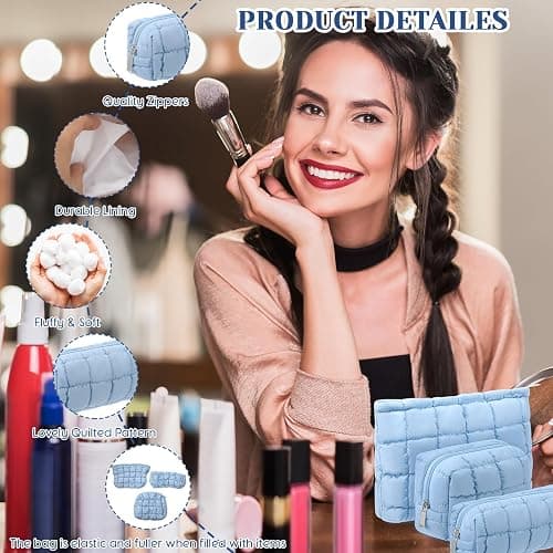 Huhumy 3 Pcs Puffy Makeup Bag for Women, Checkered, Blue, Medium | Quilted Cosmetic Pouch Cute Travel Toiletry Bag Puffer Makeup Organizer Purse Pouch Preppy Pencil Case with Zipper thumbnail 4