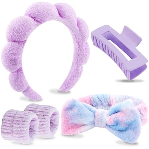 VELSCRUN Spa Headbands for Wash Face, Makeup Headband, Facial Skincare Headbands, 5 Pcs Purple Colourful Puffy Sponge Spa Headband Bow Tie Hair Band Hair Clips Wristband Set Women Girls Accessories - Image 1