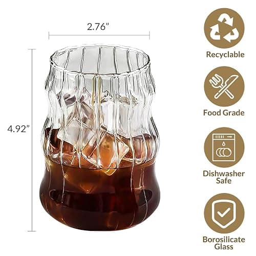 Pletmin 4 Pcs Ribbed Glass Cups, Vintage Drinking Glassware with Glass Straw 18 Oz Bubble Iced Coffee Cup for Juice, Tea, Beverage, Milk, Beer, Cocktails Ideal for Gift thumbnail 2