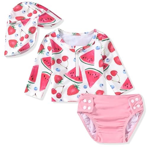 HINTINA Newborn Baby Girl Long Sleeve 2-Pieces Swimsuit Bathing Suit with Hat - Image 1
