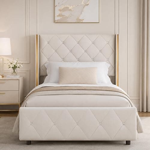 HOMBCK Twin Size Leather Bed Frame with Goldside Wingback Headboard, White | Modern Style, Bed Frame Twin with Velvet Upholstered Headboard, Diamond Tufted Design, No Box Spring Required, Easy Assembly thumbnail 8