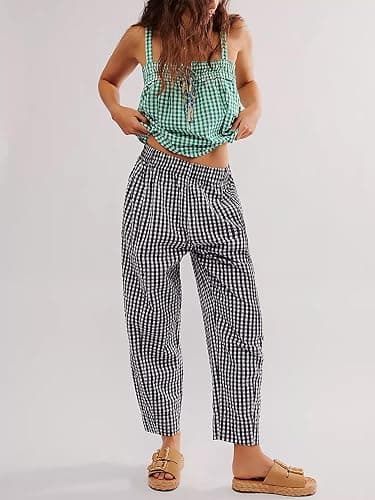 YKR Plaid Pants for Women Gingham Lounge Wide Leg Low Waist Pajama Pants Elastic Waist Trousers with Pocket thumbnail 4
