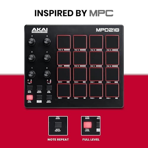 Akai Professional MPD218 - USB MIDI Controller with 16 MPC Drum Pads, 6 Assignable Knobs, Note Repeat and Full Level Buttons and Production Software thumbnail 4