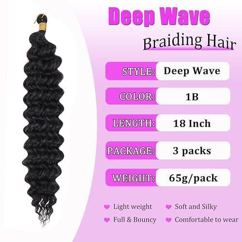 ZRQ Deep Wave Crochet Hair Natural Black 18 Inch 3 Packs Ocean Wave Curly Braiding Hair for Boho Braids Synthetic Curly Crochet Hair For Women #1B thumbnail 2