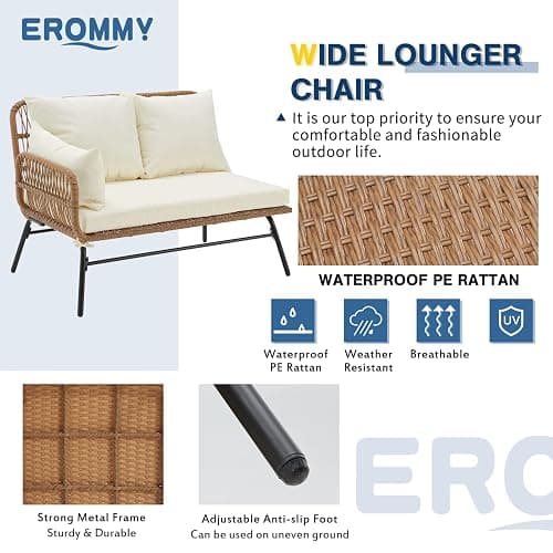 EROMMY 3 Piece Patio Furniture Set, L-Shaped Sectional Conversation Sofa Set with Thick Cushions and Toughened Glass Coffee Table for Backyard Balcony Garden Porch, White thumbnail 5