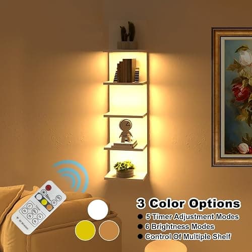 Bloddream 5 Tier Wall Shelves with LED Light, Modern Wall Mount Lack Shelf, Vanity Floating Shelves Home Decor Organizer Tall Tower Design Utility Shelf (White) - Led White thumbnail 5