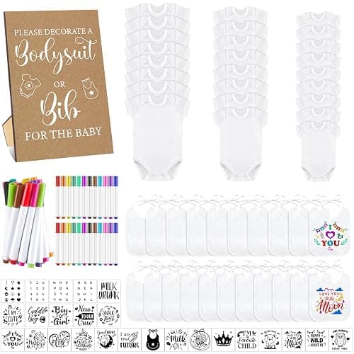 Panitay 100 Pcs White Bibs Bodysuits Decorating Kit for Baby Shower Games, 25 Guests DIY Baby Bodysuit Painting Activity Set(Retro) - Image 1