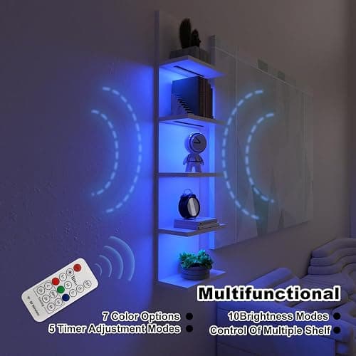 VIWODS 5-Tier Wall Shelf Unit with RGB Light, Floating Lack Shelf for Wall Storage, Wall Mounted Vertical Display Shelf for Bedroom Living Room Vanity, White - White thumbnail 3