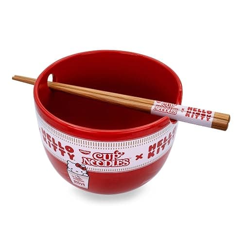 Silver Buffalo Sanrio Hello Kitty x Nissin Cup Noodles Red Ceramic Dinnerware Set | Includes Ramen Noodle Bowl and Wooden Chopsticks thumbnail 3