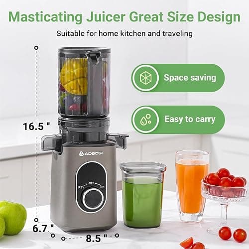 AAOBOSI Cold Press Juicer, 4.35" Large Feed Chute Masticating Juicer Machines Slow Juice Extractor Fit Fruits &Vegetables, Easy to Clean High Juice Yield, New Designed for Home and Travel, BPA Free - 50r/min thumbnail 3