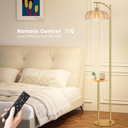 QIYIZM Gold Floor Lamp with Table and Shelves for Living Room Bedroom,Glass Standing Lamp with Remote Dimmable,Boho Brass Tall Lamp Vintage Farmhouse Arc Flower Floor Light Bohemian thumbnail 3