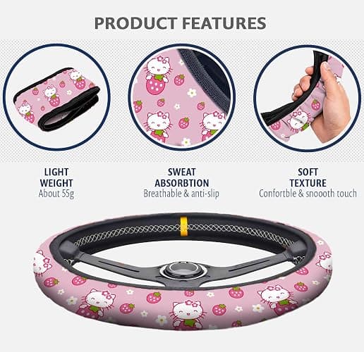 Kitty Accessories Car, Strawberry Pink Cat Wheel Cover, Y2K Car Accessories, Girly Steering Wheel Cover, Universal Fit 14.5-15 inch Auto SUV Vans Trucks, Anti-Slip and Sweat Absorption thumbnail 3