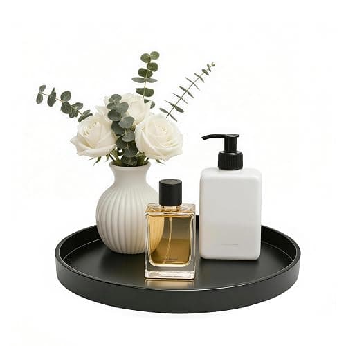 Blaucasa Bathroom Vanity Tray, 1 Pack 9" ABS Black Round Vanity Trays for Bathroom Counter, Dresser Decor Trays for Perfume, Candles, Keys, Kitchen Countertop Organizer, Decorative Tray Soap Holder - Image 1