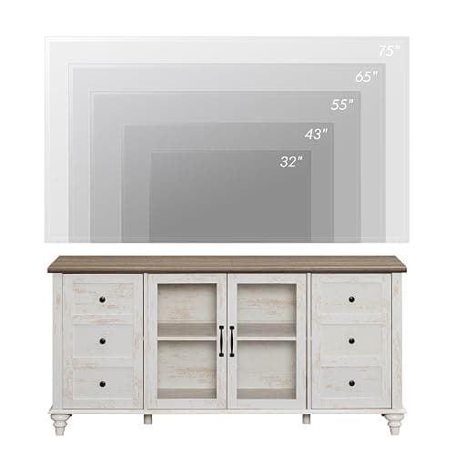 WAMPAT Farmhouse TV Stand for 65 inch TV, Wood TV Cabinet with Glass Door & Adjustable Shelf, Rustic Television Stands for Living Room Bedroom, 58 Inch, Antique White thumbnail 5