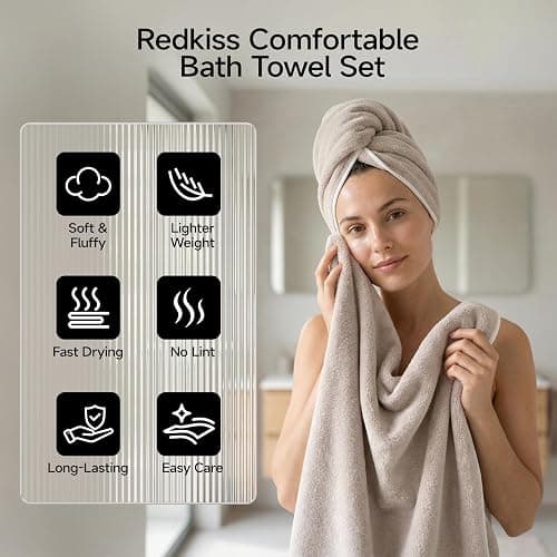 REDKISS 2 Pack Microfiber Extra Large Bath Sheets, 35 x 70 Inches, 670G, Soft and Absorbent, Quick Dry Oversized Bath Towels, Perfect for Bathroom, Plush Shower Towels for Spa, Gym & Hotel, Beige thumbnail 5